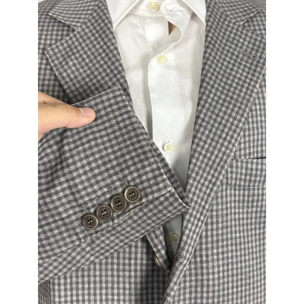 Brunello Cucinelli Gingham Plaid Wool Linen Silk Gray Blazer Sport Jacket 52/42